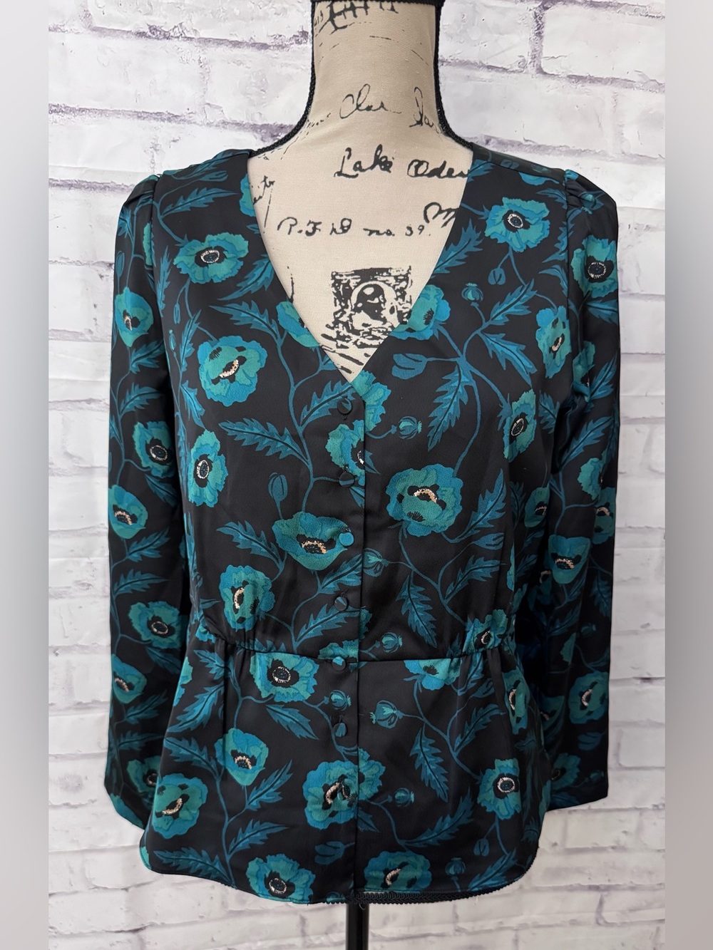 J. Crew Factory 8 Satin Back Crepe Button Front Peplum Green Emmie Poppy Blouse